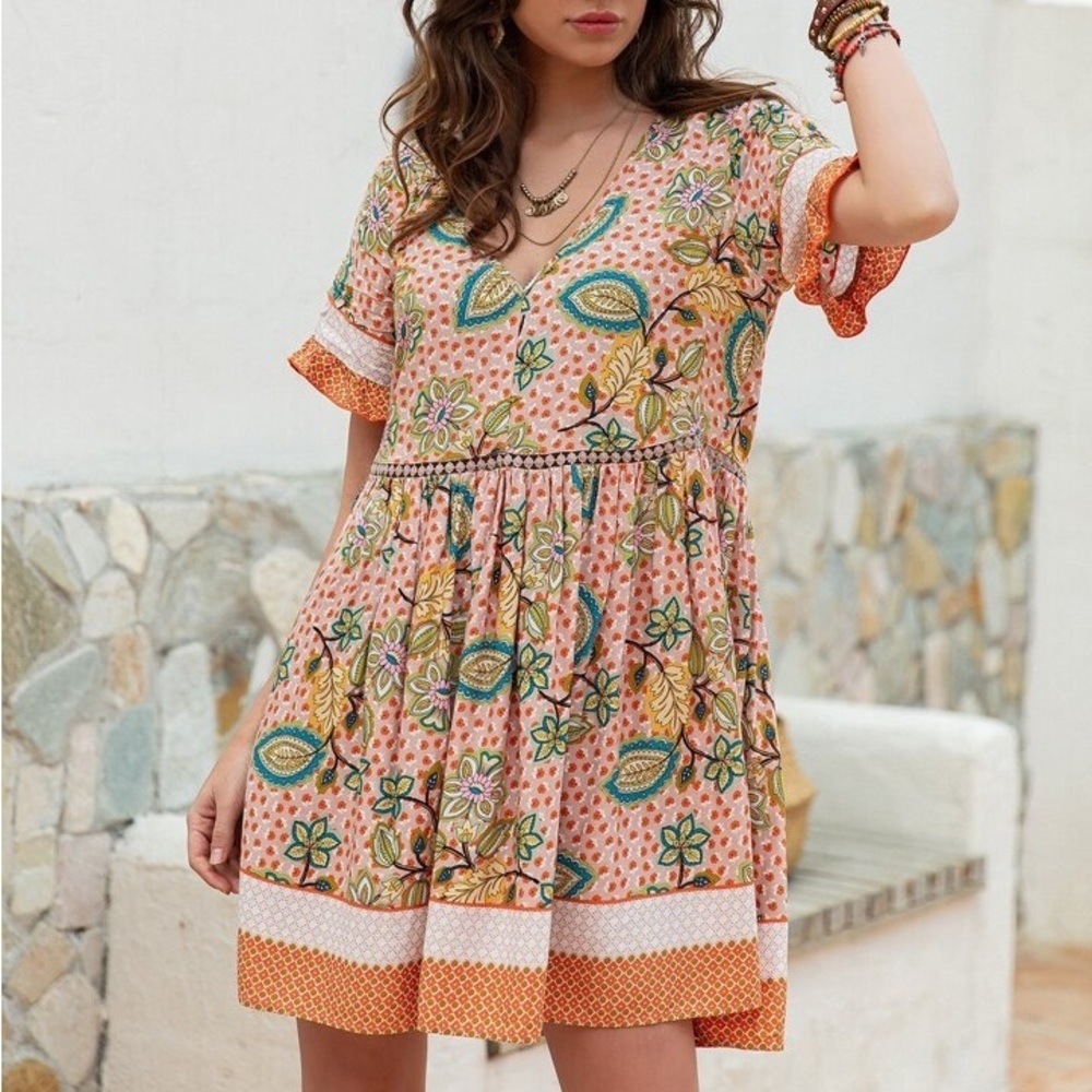 Rusttydustty Ruffle Cuff Floral Print Dress Size L